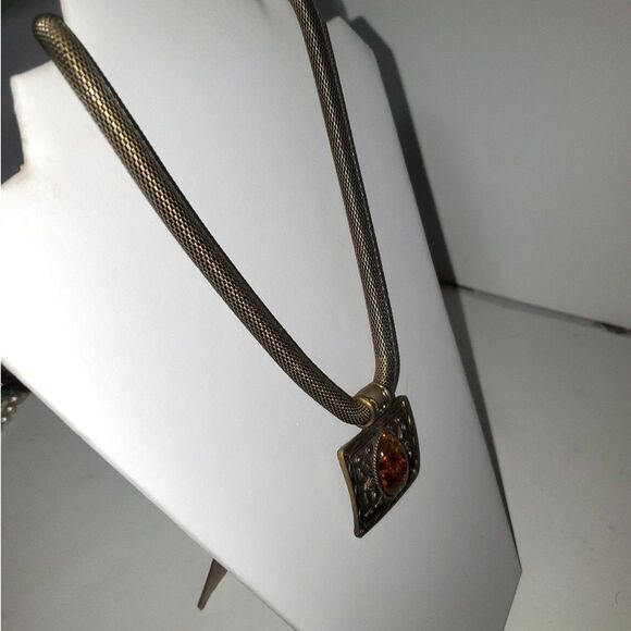 A Chunky Amber Colored Stone And Pewter Boho Brutalist Necklace Snake Chain - Picture 6 of 8